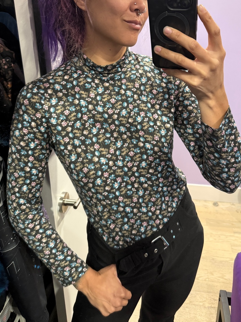 Rebecca Taylor Black Floral Mock Neck Long Sleeve Top